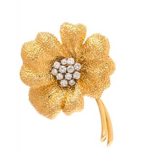 Appraisal: An Karat Yellow Gold Platinum and Diamond Flower Brooch Van