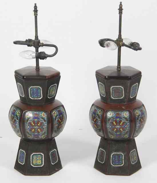 Appraisal: A pair of Chinese cloisonn hexagonal baluster lamps decorated with