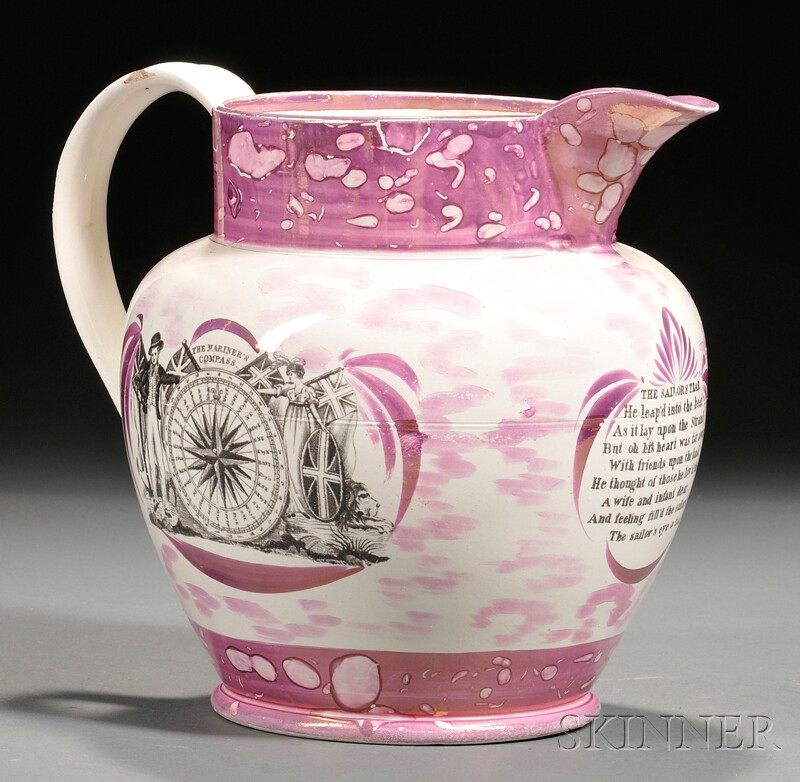 Appraisal: Large Sunderland Pink Lustre Transfer-decorated Marriage Jug England th century