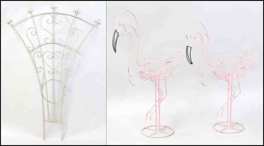 Appraisal: PAIR OF FLAMINGO FORM WIRE PLANTERS Together with an iron