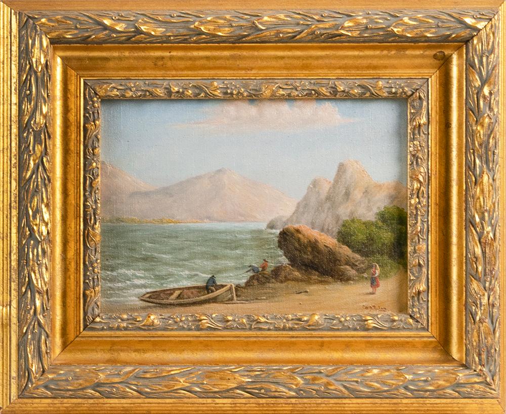 Appraisal: PAINTING OF A FISHING DORY AND FIGURES ON A BEACH