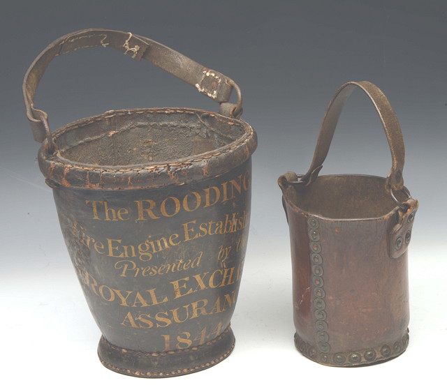 Appraisal: A VICTORIAN LEATHER FIRE BUCKET with overhead swing handle inscribed