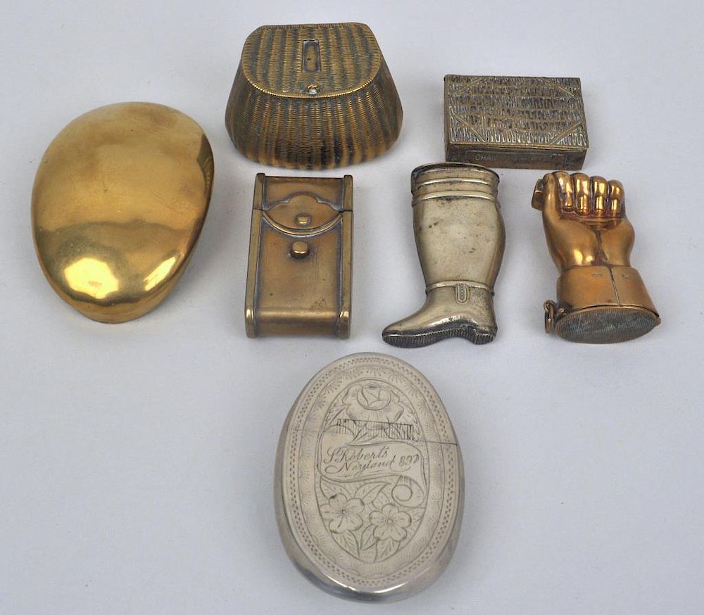 Appraisal: Five Brass Match Safes Two Tobacco Boxes including one engraved