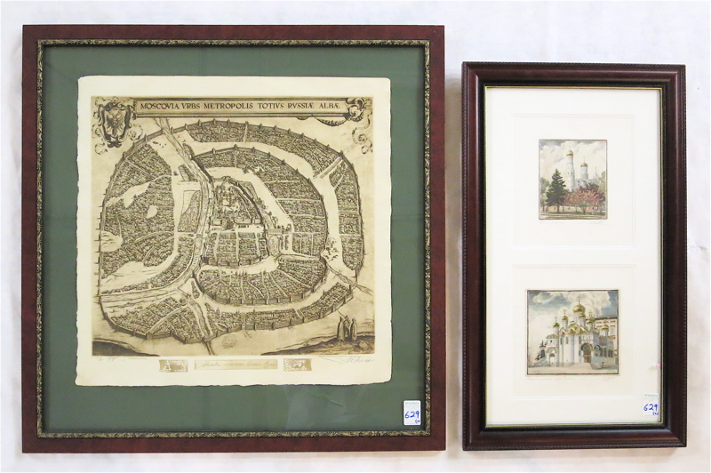 Appraisal: THREE RUSSIAN ETCHINGS large map of Moscow paper measures x