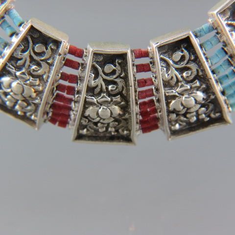 Appraisal: Coral Turquoise Sterling Necklace multi-strand with elaborate spacers to