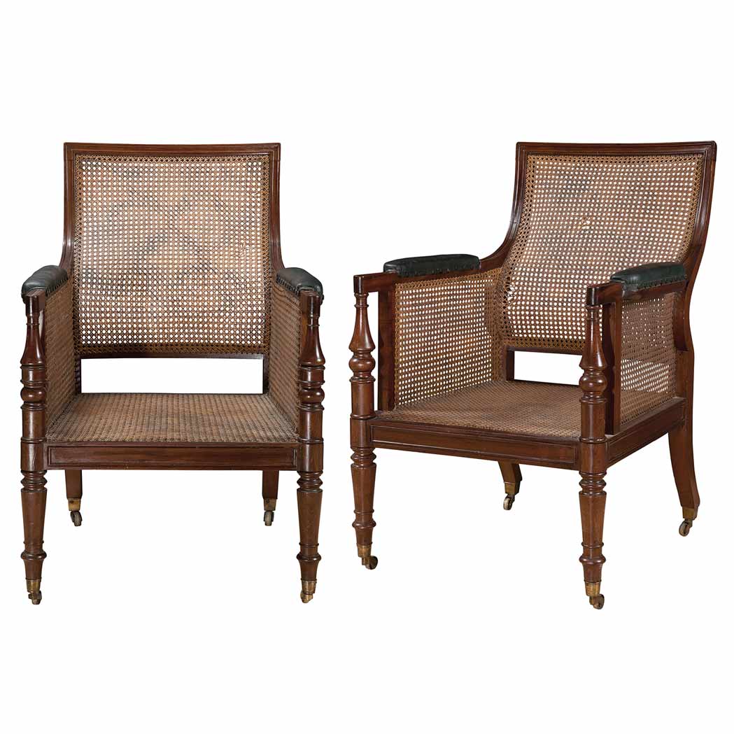 Appraisal: Assembled Pair of Regency Mahogany Caned Bergeres Attributed to Gillows