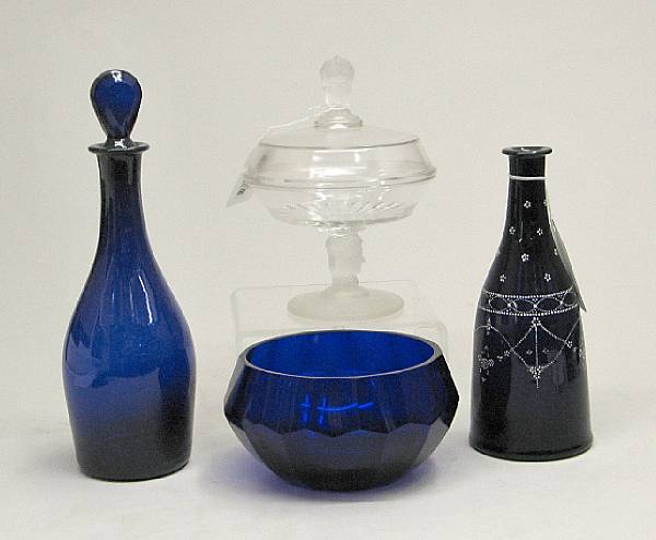 Appraisal: Three pieces cobaltglass th century Comprising English enamel decorated decanter