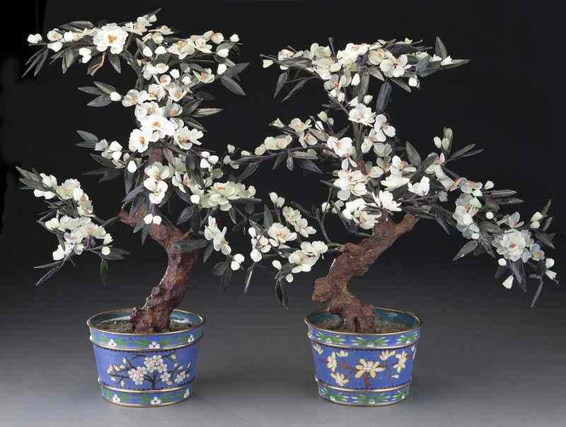 Appraisal: Pr Chinese carved jade trees in cloisonneplanters ''H Circa -