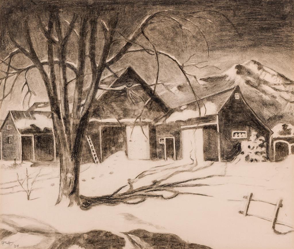 Appraisal: PETER HURD American - Country Barn in Winter charcoal on