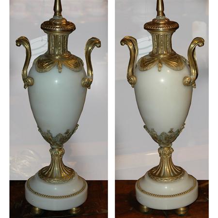 Appraisal: Pair of Neoclassical Style Gilt-Bronze Mounted White Marble Urn-Form Lamps