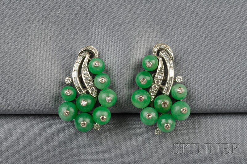 Appraisal: Platinum Jade and Diamond Earclips each set with a cluster