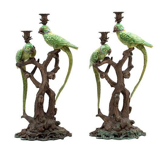 Appraisal: A Pair of Continental Bronze and Enamel Two-Light Candelabras Height