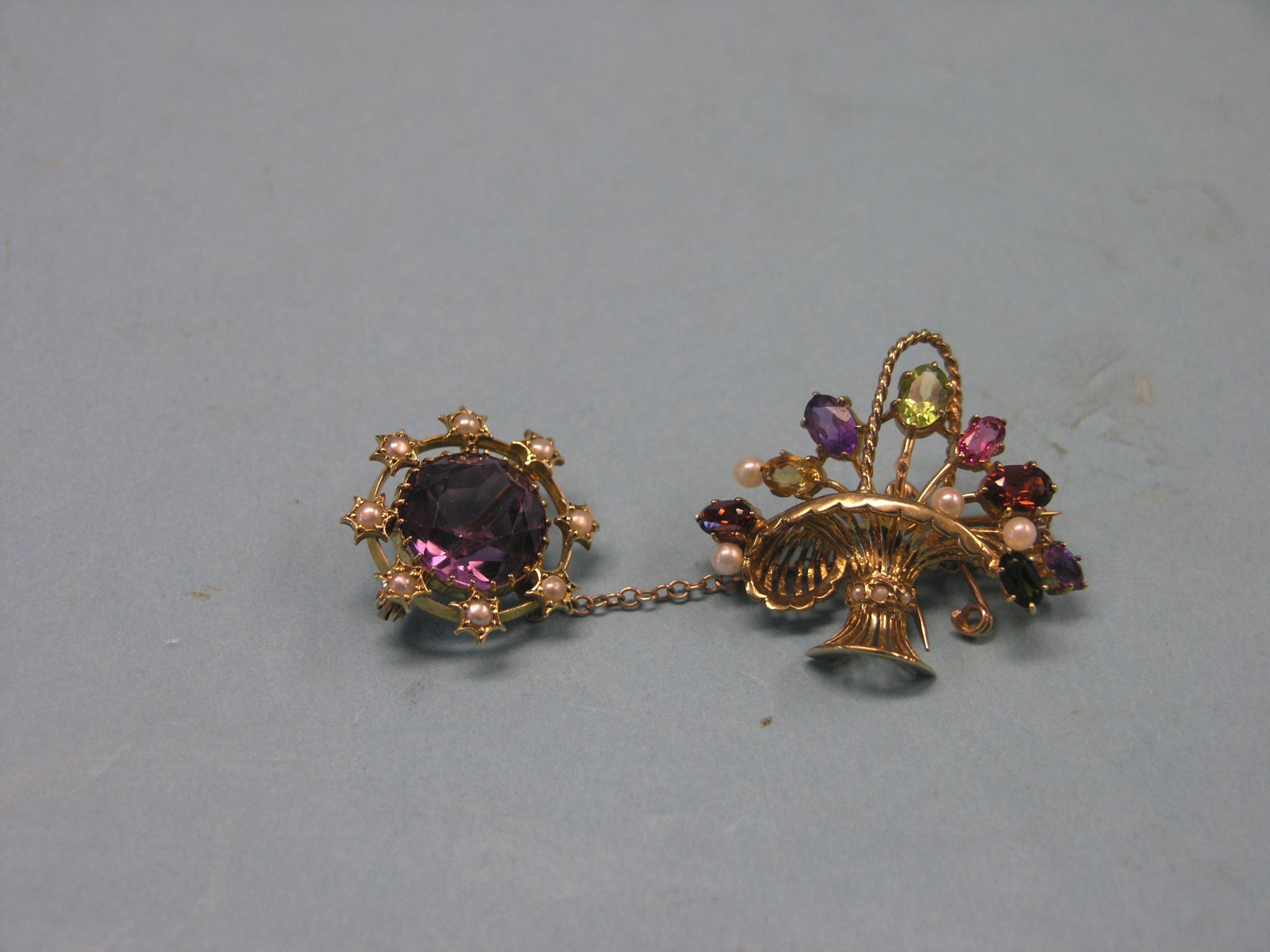 Appraisal: A circular yellow metal and amethyst brooch with surrounding seed-pearls