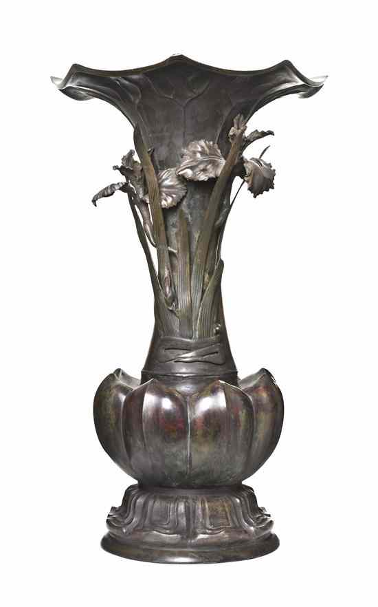 Appraisal: A Japanese Bronze Vase with Irises Meiji period of lobed