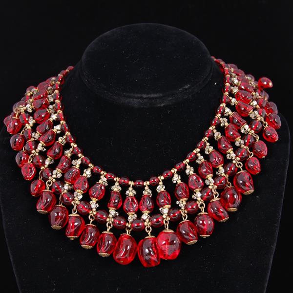 Appraisal: Miriam Haskell Red French Poured Glass Beaded Egyptian Fringe Collar