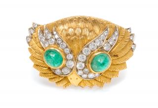 Appraisal: An Karat Yellow Gold Diamond and Emerald Owl Brooch Tiffany