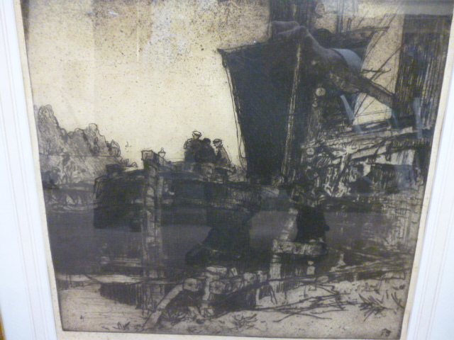 Appraisal: FRANK BRANGWYN R A - Barges at Bruges etching signed