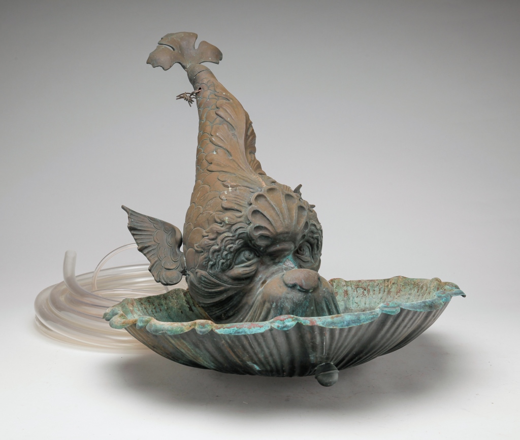 Appraisal: VERDIGRIS METAL WALL FOUNTAIN Twentieth century Stylized fish that flows