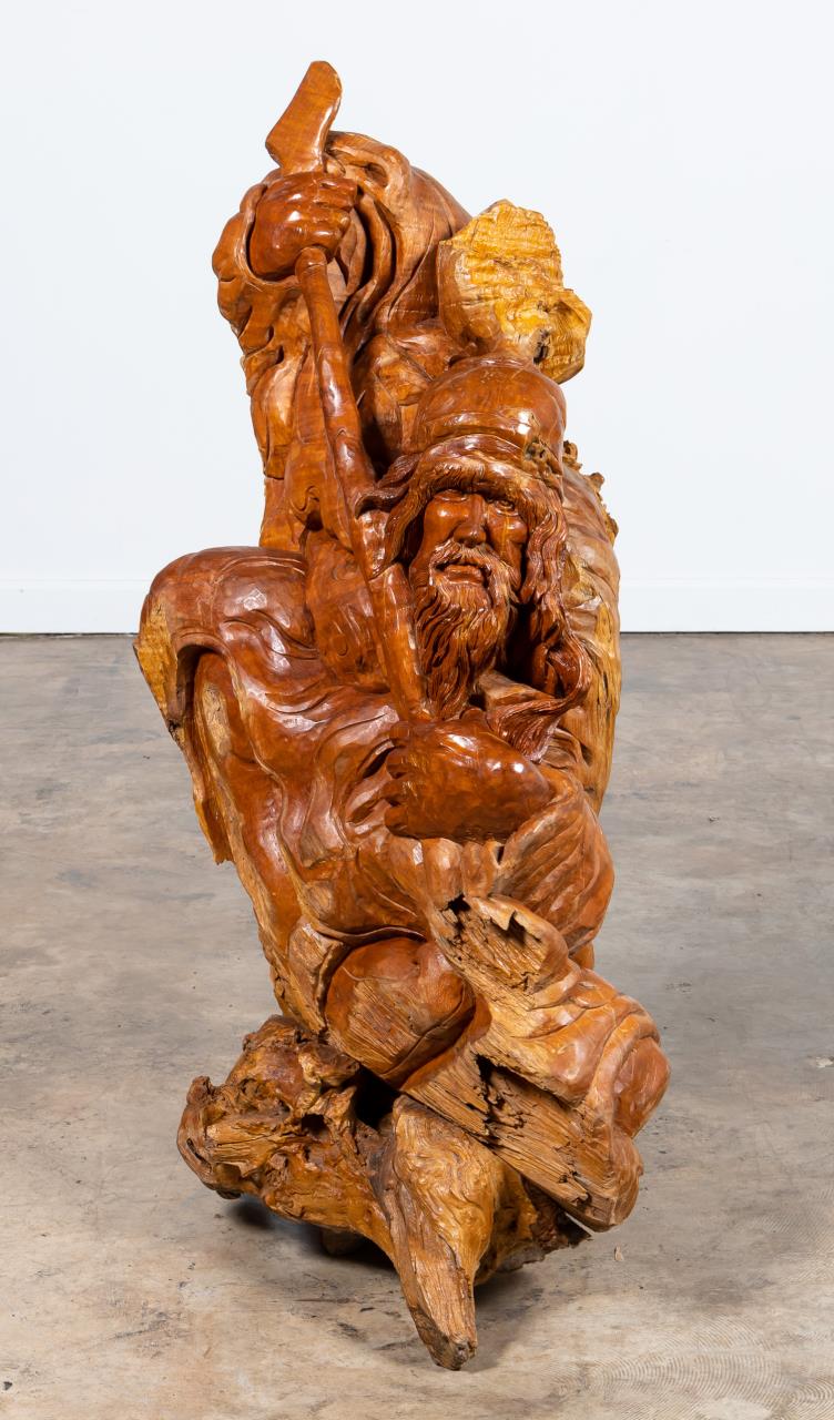 Appraisal: WOOD TREE ROOT CARVING OF MAN WITH STAFF Likely Chinese