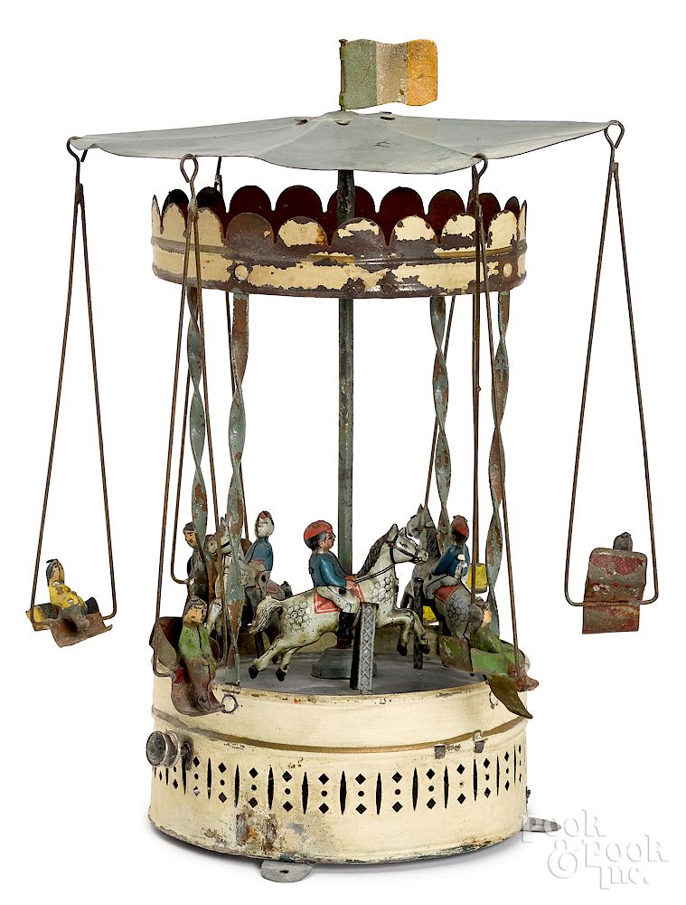 Appraisal: Carousel steam toy accessory Painted and tin lithograph carousel steam