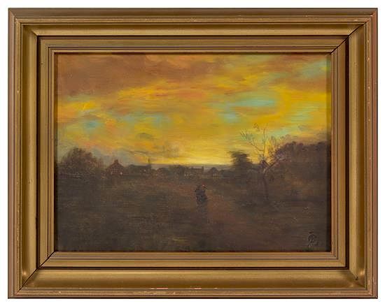 Appraisal: Continental School th Century Sunset Landscape with Figures Continental School