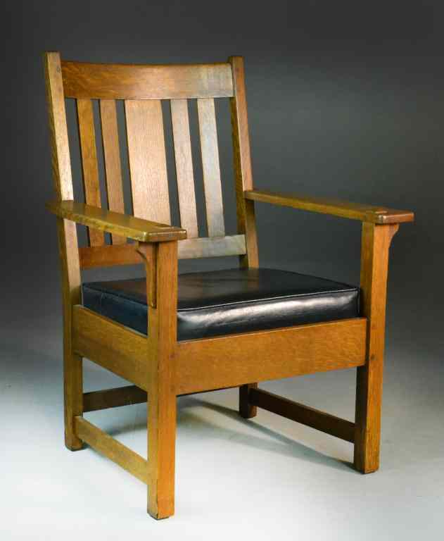 Appraisal: Limbert Arts Craft Oak ArmchairFive-slat back burned-in-brand Limbert mark under