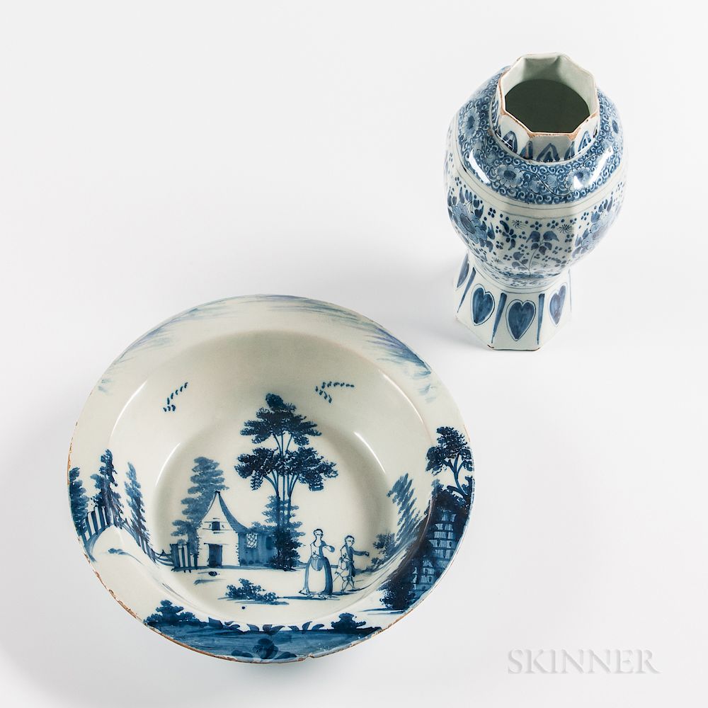 Appraisal: Blue and White Decorated Tin-glazed Earthenware Basin and Jar Blue