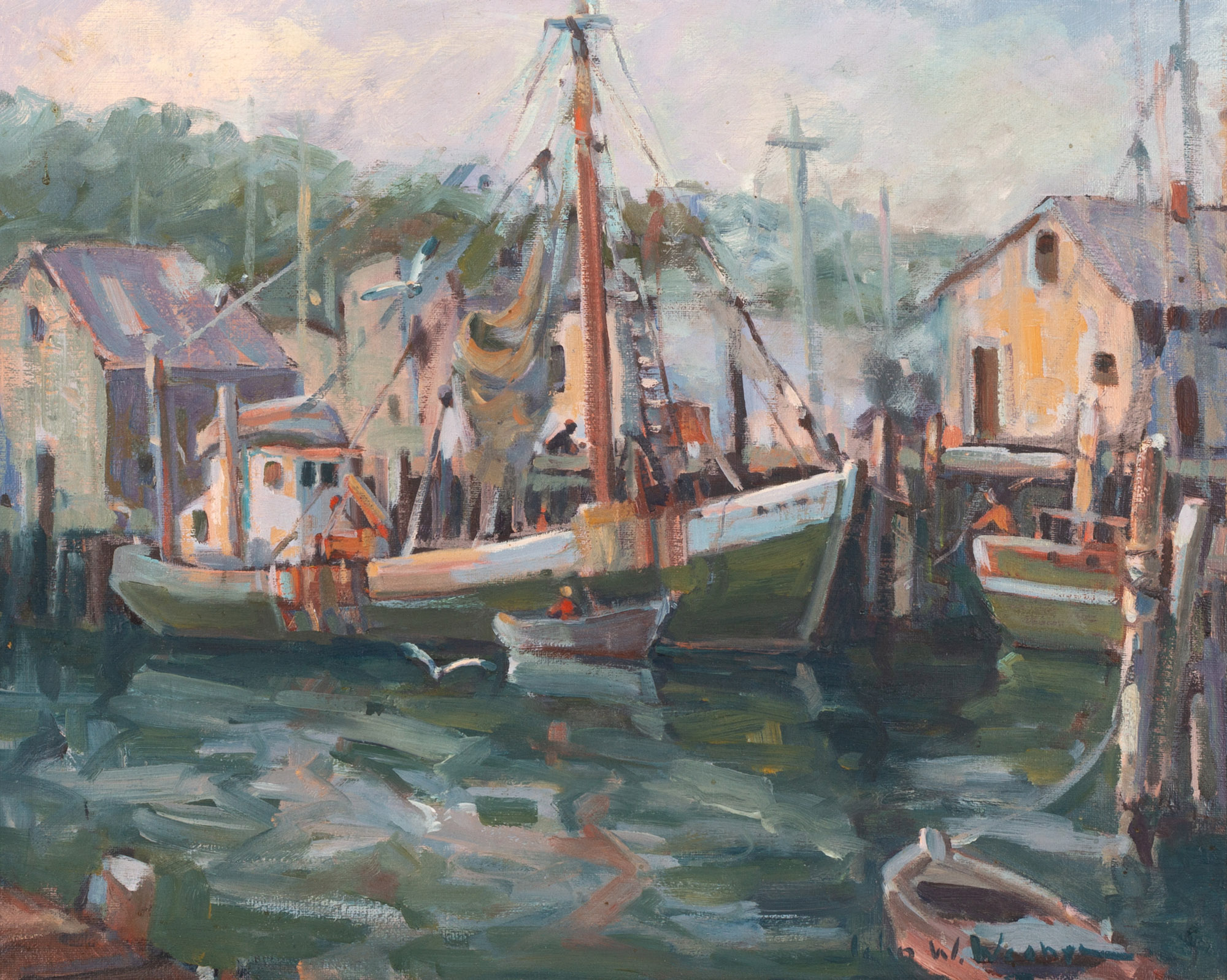 Appraisal: JOHN W WAGNER AMERICAN B HARBOR SCENE Oil on canvas