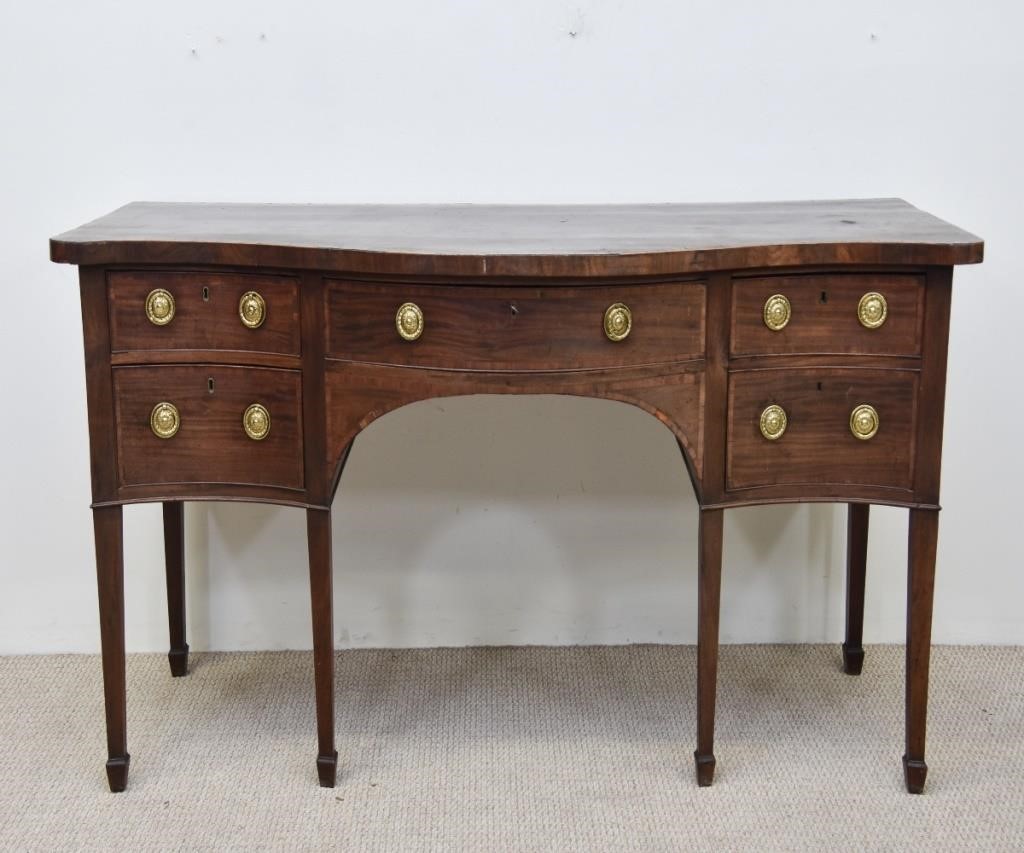 Appraisal: Inlaid banded mahogany English Hepplewhite sideboard with serpentine front raised