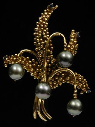 Appraisal: TIFFANY K GOLD BROOCH WITH SAPPHIRES AND BLACK PEARLS x