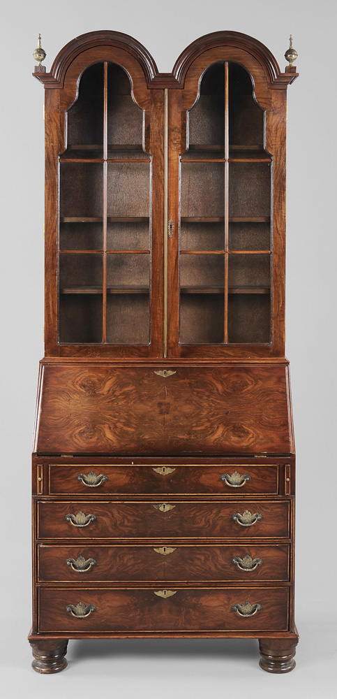 Appraisal: William and Mary Style Burlwood Desk and Bookcase modern double-arch