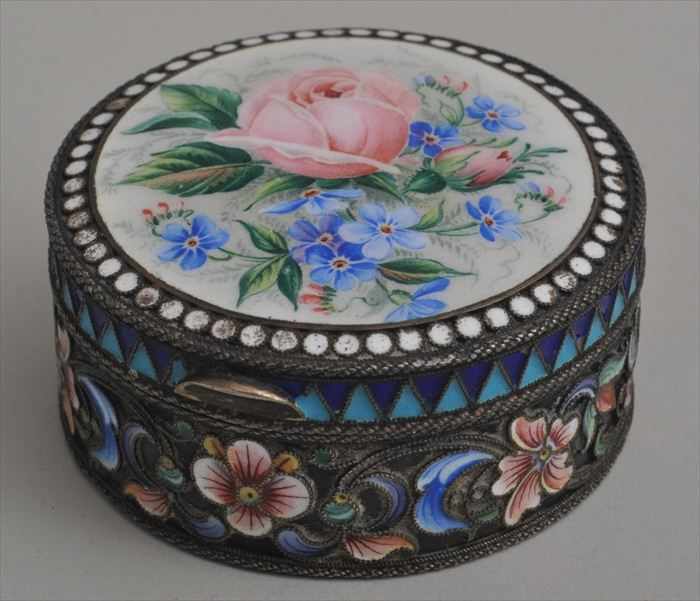 Appraisal: RUSSIAN CHAMPLEV ENAMEL AND SILVER CIRCULAR BOX Dated the hinged