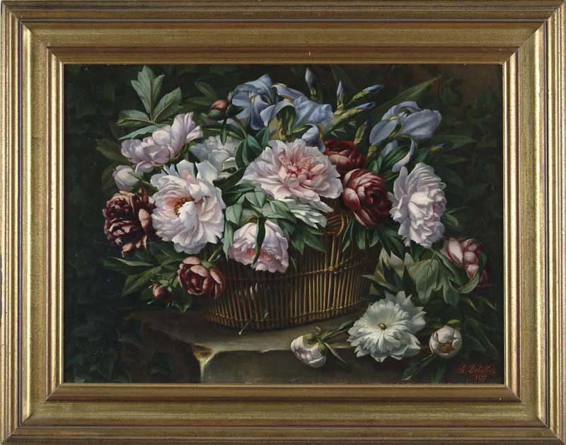 Appraisal: A DEBELLUL Late th Century BASKET OF ROSES Outstanding still