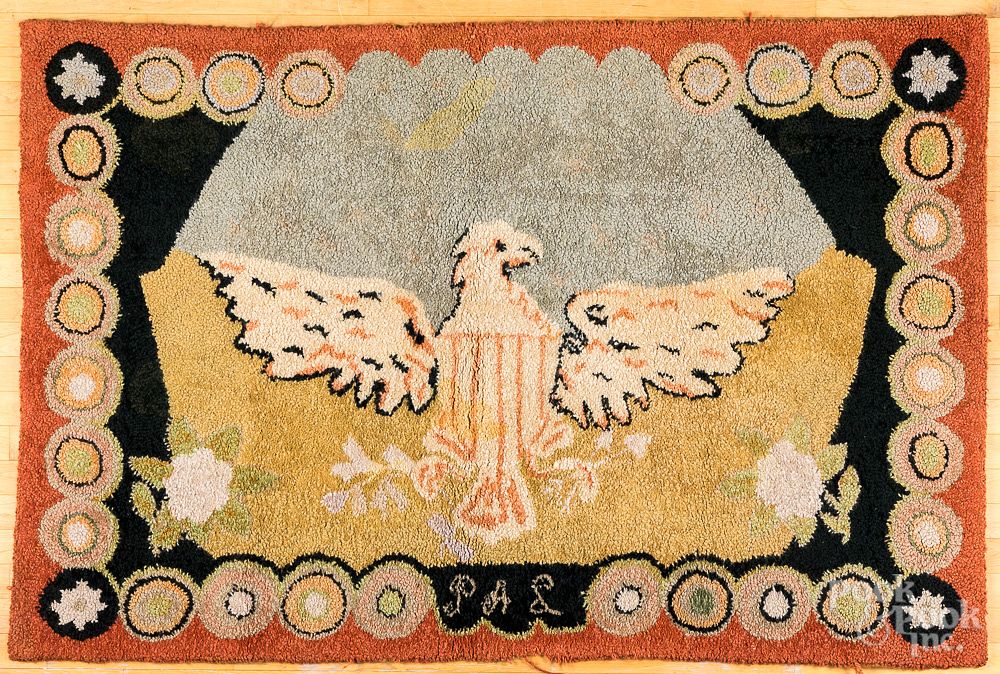 Appraisal: Hooked rug with eagle mid th c Hooked rug with