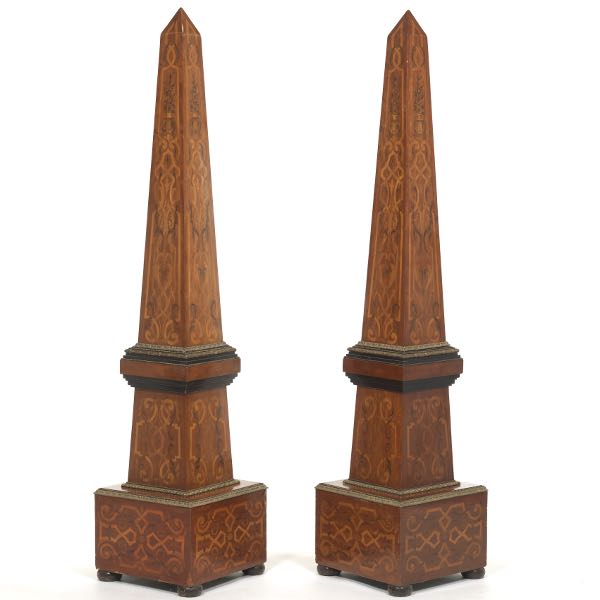 Appraisal: PAIR OF MONUMENTAL SIGNED PARQUETRY AND PAINTED OBELISKS WITH GILT