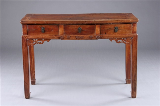 Appraisal: CHINESE ELMWOOD WRITING TABLE Qing Dynasty Rectangular top above three