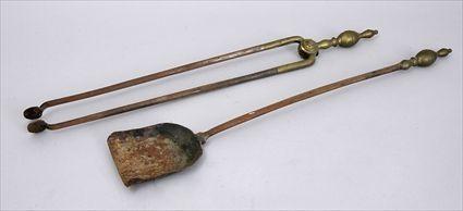 Appraisal: FEDERAL BRASS-HANDLED WROUGHT IRON SHOVEL AND A PAIR OF FIRE