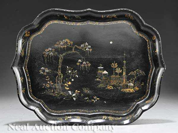 Appraisal: An English Chinoiserie-Decorated and Mother-of-Pearl Inlaid Papier-M ch Serving Tray