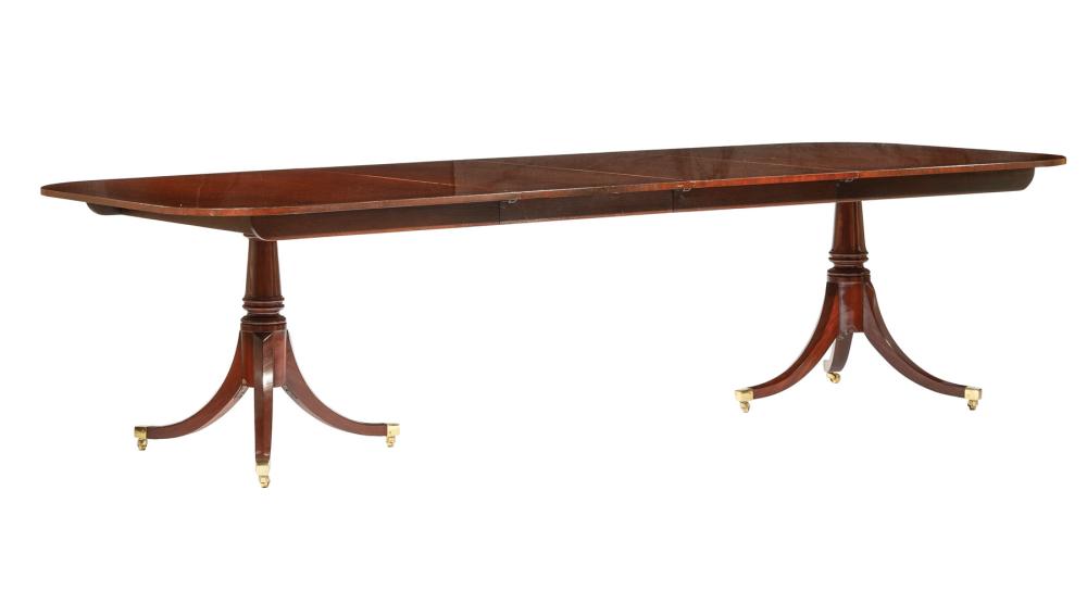 Appraisal: Baker Regency-Style Inlaid Mahogany Two Pedestal Dining Table labeled Baker