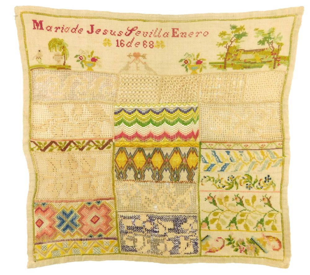 Appraisal: th C Mexican sampler silk on linen pulled thread and