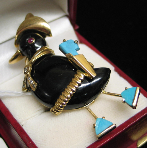 Appraisal: BLACK ONYX TURQUOISE RUBY DIAMOND AND YELLOW GOLD DUCK BROOCH