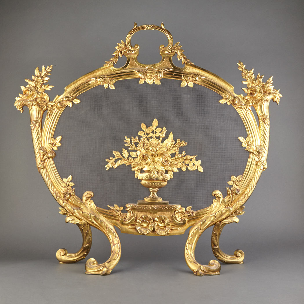 Appraisal: Transitional Louis XV XVI Style Gilt-Metal Fireplace Screen Of oval