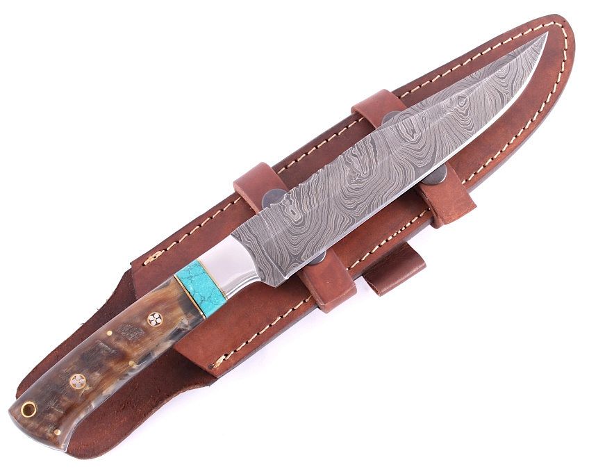 Appraisal: CFK Damascus Ram Horn Knife w Scabbard This is a