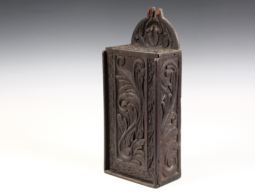 Appraisal: ENGLISH TITHING BOX - th- th c Oak Candle Box