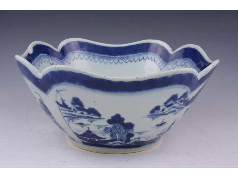 Appraisal: Chinese Canton Cut-Corner Porcelain Bowl th c blue and white