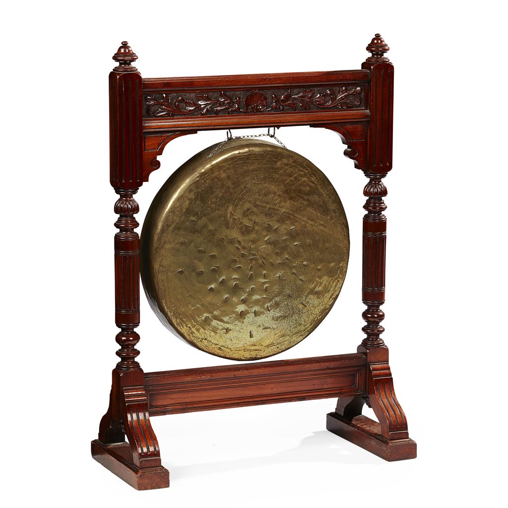 Appraisal: VICTORIAN WALNUT AND BRONZE DINNER GONG TH CENTURY the frieze