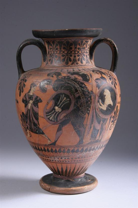 Appraisal: ATTIC BLACK-FIGURE AMPHORA Circa B C With two handles painted