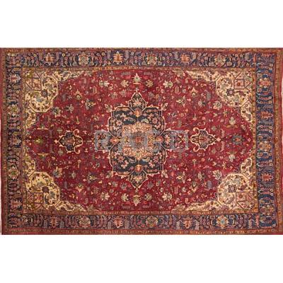 Appraisal: PERSIAN TABRIZ Contemporary room-size rug in jewel tones on ruby