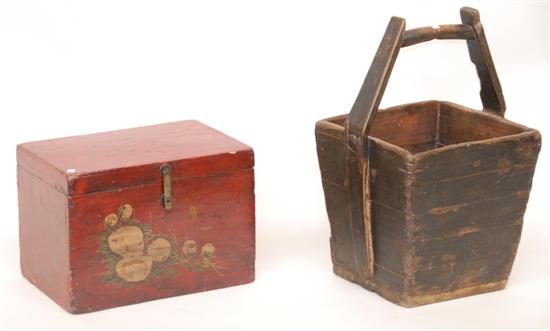 Appraisal: TWO ANTIQUE CHINESE WOODEN VESSELS A BOX AND A BUCKET