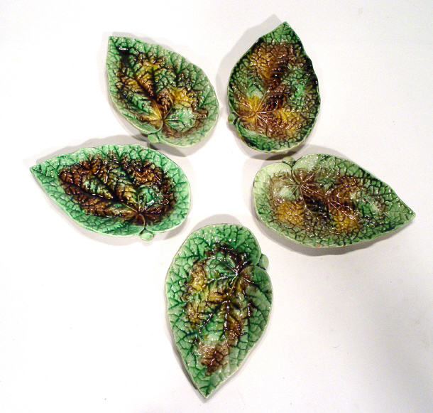 Appraisal: Five Majolica pottery green glazed leaf dishes each cm long